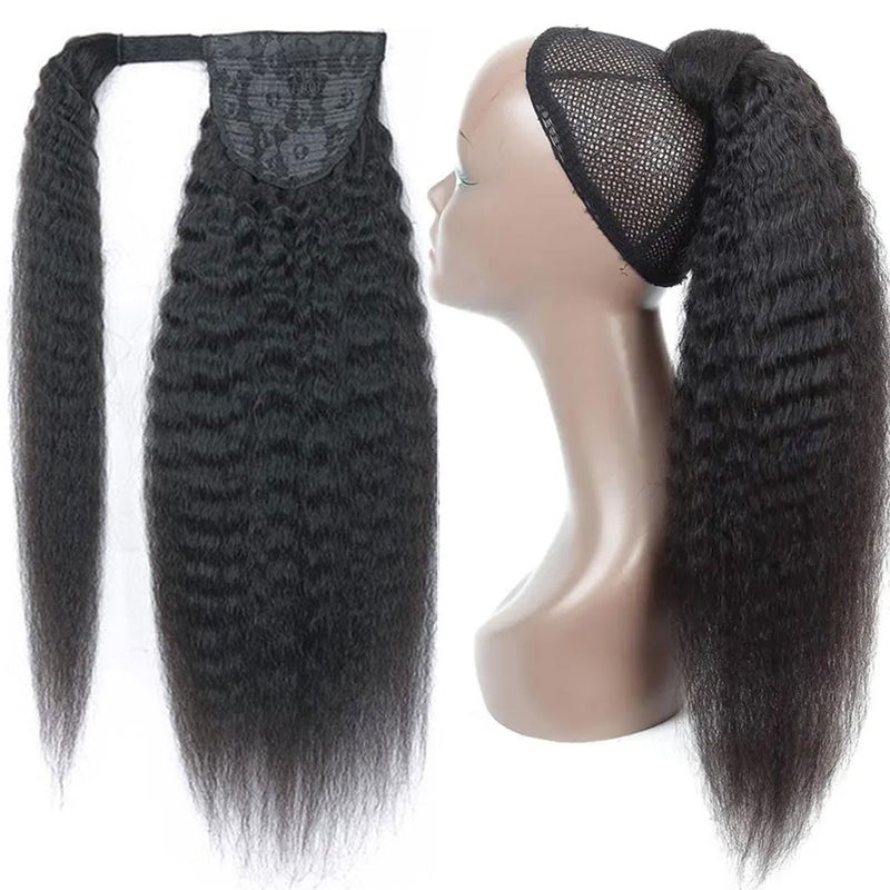 Feelgrace Kinky Straight Human Hair Ponytail Extensions Natural Black Color Brazilian Real Human Hair Clip in Drawstring Yaki Kinky Straight Ponytail Hairpiece Afro Ponytail Hair Natural Black Color 14 inch - Image 3