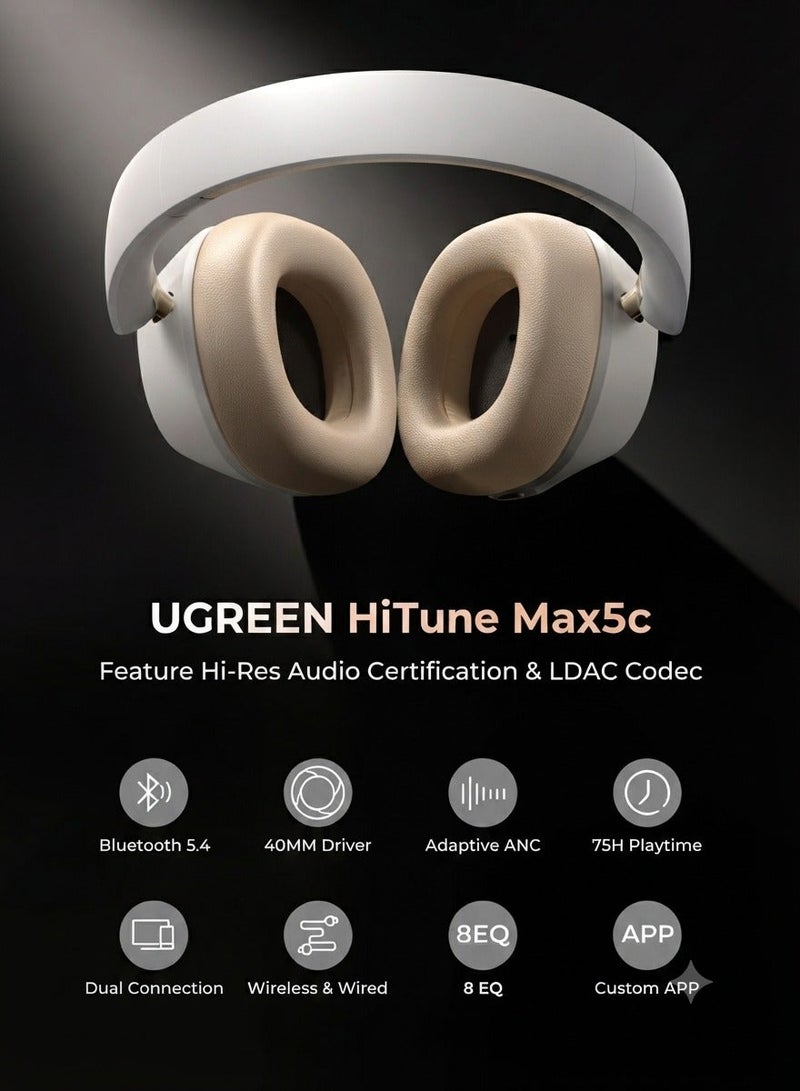 يو جرين سماعات رأس لاسلكية بلوتوث Hitune Max 5C، سماعات رأس فوق الأذن بخاصية إلغاء الضوضاء التكيفية، صوت عالي الدقة، وقت تشغيل يصل إلى 75 ساعة، بلوتوث 5.4، سماعة رأس قابلة للطي والسحب، متوافقة مع سلسلة iPhone 17/16 وGalaxy S26 S25 Ultra لمشاهدة مباريات FIFA 600 mAh - Image 4