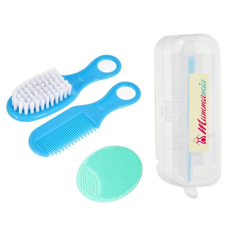 MUMMAMIA Baby Comb & Hair-Brush with Soft Silicone Cradle Cap Brush - Comes in a Travel Case (Blue) - Image 1