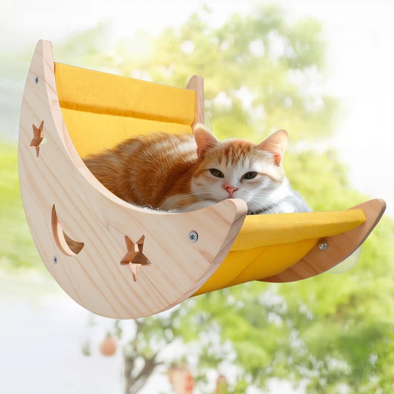 DITOSH Cat Hammock Moon Bed Window Mounted Hammock Strong Suction Cup Shelves and Perches Solid Wood Furniture Platforms Beds Hanging for Cats and Kitty Easy Installation Single Moon - Image 1