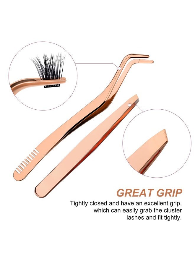 FADVAN Lash Applicator Tool 2 Pcs Lash Tweezers Stainless Steel Cluster Lash Tweezers Curved With Eyebrow Tweezers For Women DIY Eyelash Extensions Applicator Set for False Eyelash Tweezers (Gold) - Image 3