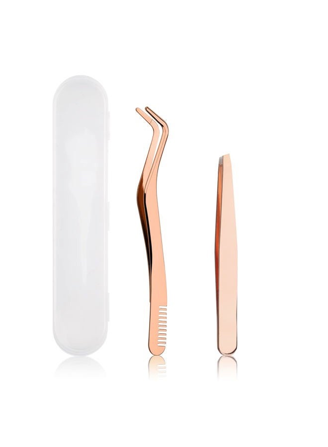 FADVAN Lash Applicator Tool 2 Pcs Lash Tweezers Stainless Steel Cluster Lash Tweezers Curved With Eyebrow Tweezers For Women DIY Eyelash Extensions Applicator Set for False Eyelash Tweezers (Gold) - Image 1