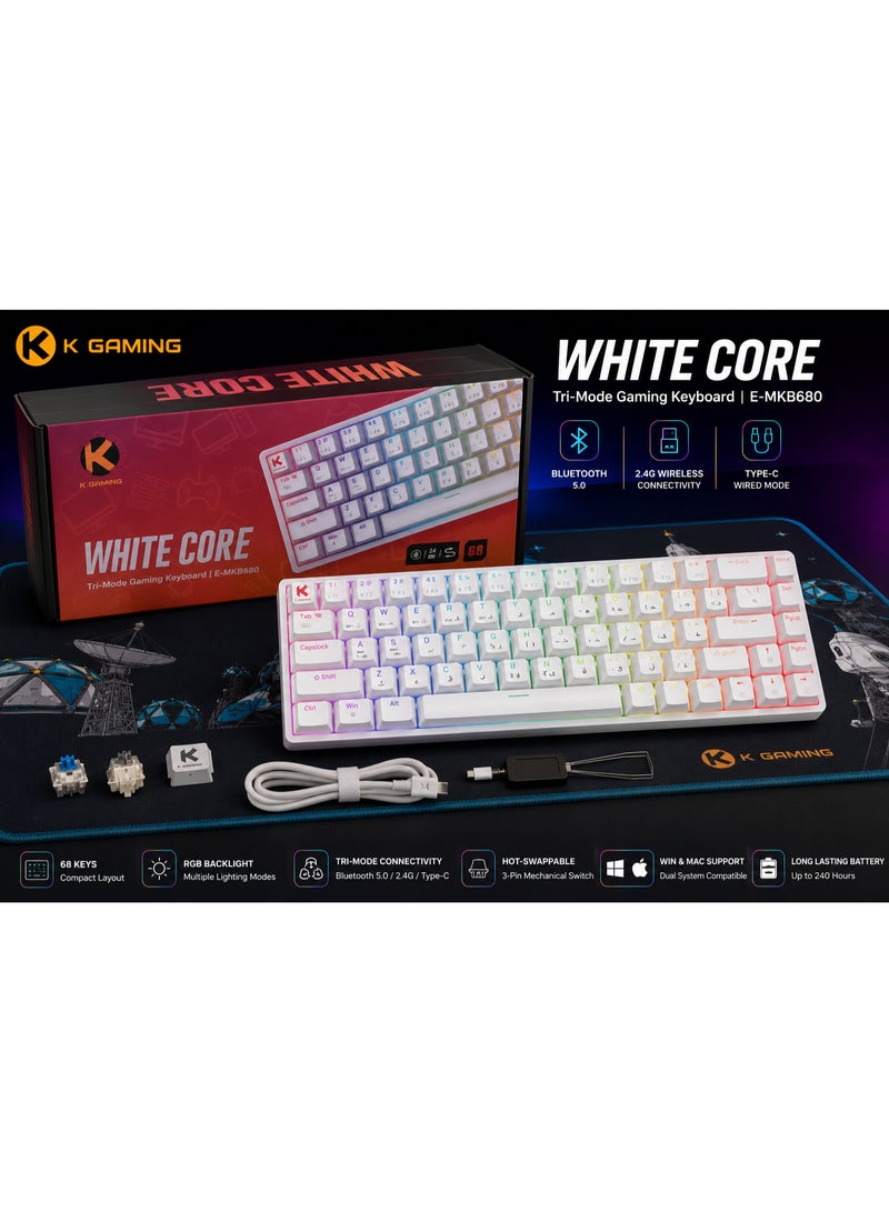 كي قيمنق لوحة مفاتيح ألعاب ميكانيكية K Gaming WhiteCore بـ 68 مفتاحًا، اتصال ثلاثي (2.4 جيجاهرتز لاسلكي، بلوتوث وUSB Type-C)، مفاتيح Blue، إضاءة RGB، مفاتيح قابلة للاستبدال (Hot-Swappable)، تخطيط عربي/إنجليزي - أبيض - Image 1