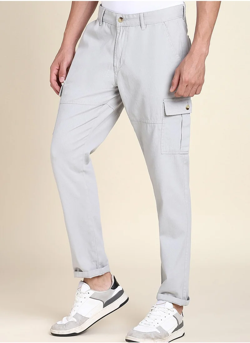 دينيس لينغو Light Grey Slim Fit Solid Trouser for Men - Cotton Blend, Full Length, Button & Zip, Mid Rise, Casual