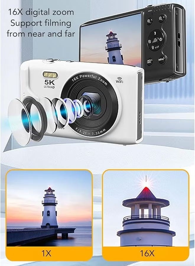 Vbestlife 5K Digital Camera 72MP UHD 16X Zoom Autofocus Point Shoot Small Travel Camera with Flash 2 8 Inch Screen 64GB White - Image 4