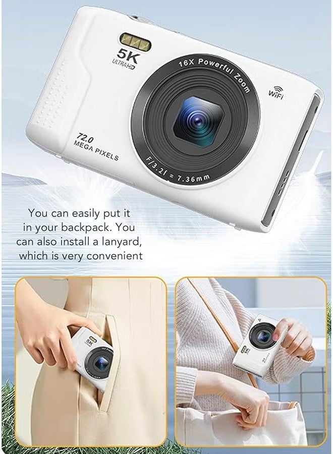Vbestlife 5K Digital Camera 72MP UHD 16X Zoom Autofocus Point Shoot Small Travel Camera with Flash 2 8 Inch Screen 64GB White - Image 5