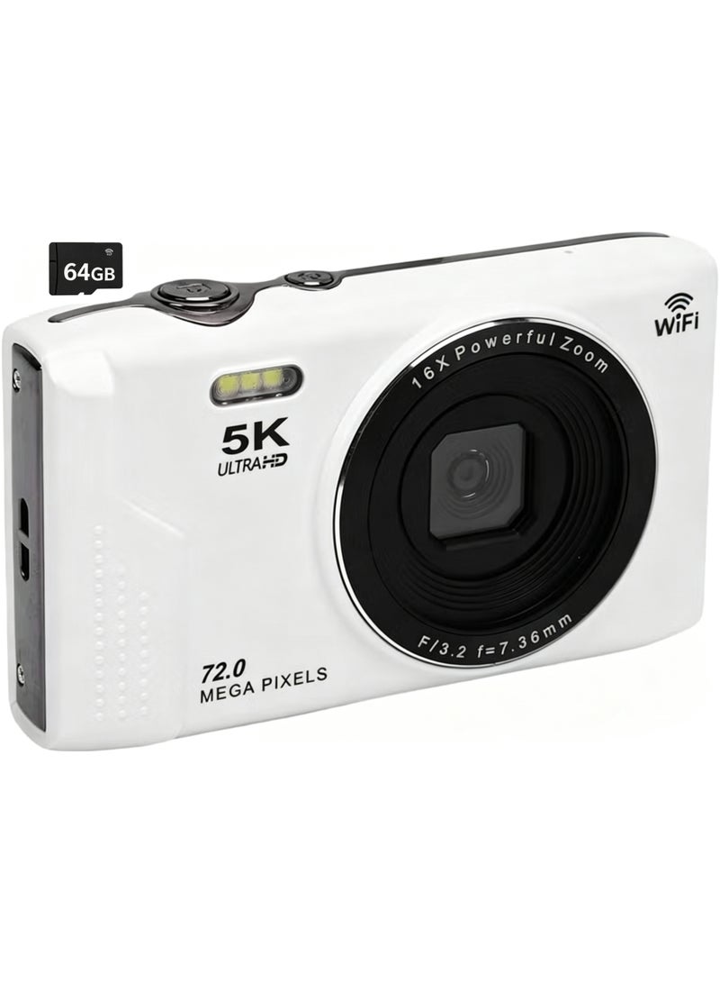 Vbestlife 5K Digital Camera 72MP UHD 16X Zoom Autofocus Point Shoot Small Travel Camera with Flash 2 8 Inch Screen 64GB White - Image 1