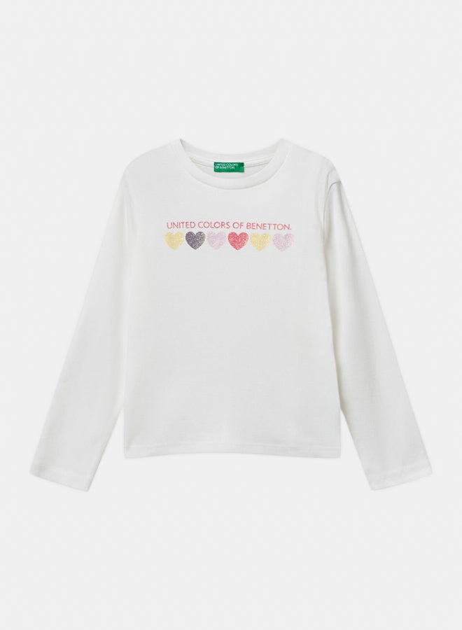 Benetton Girls Long sleeve cotton T-shirt with glittery logo - Image 1