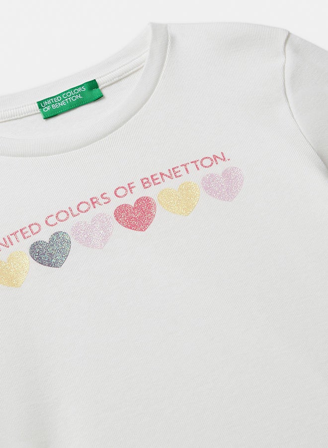 Benetton Girls Long sleeve cotton T-shirt with glittery logo - Image 2