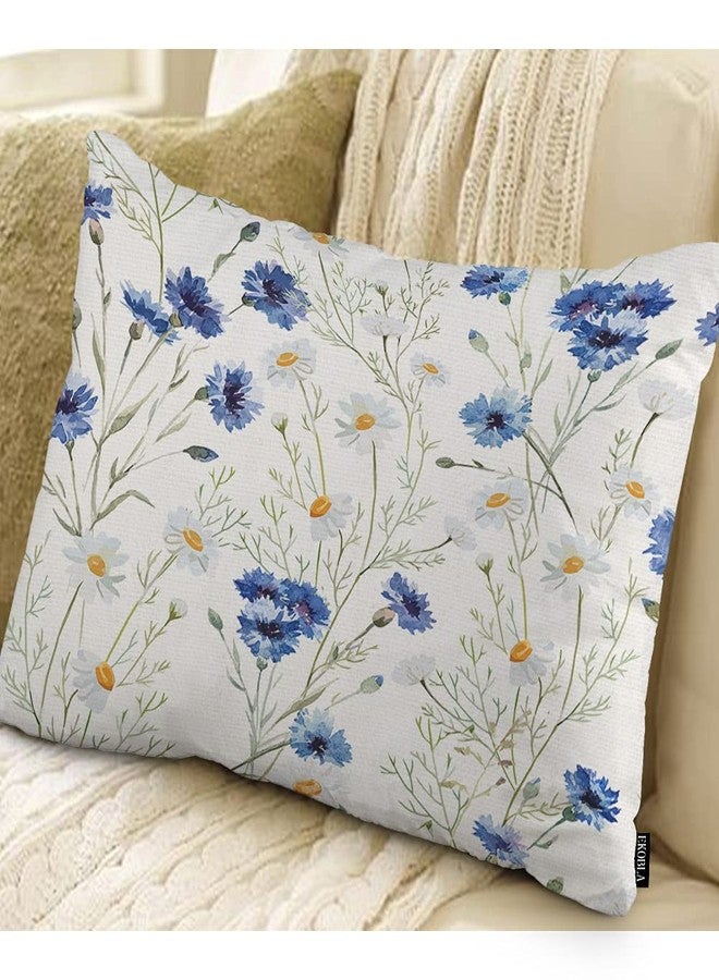 EKOBLA Watercolor Flowers Home Decorative Rectangle Pillow Cases Blue Cornflower White Daisy Spring Blossom Lumbar Cotton Linen Throw Pillow Covers Cushion Case Rectangle Oblong 12x20 Inches - Image 2