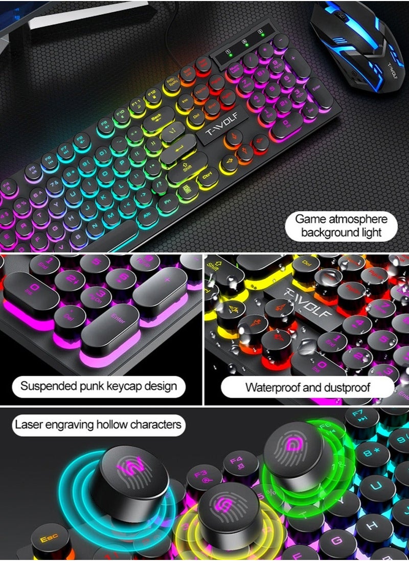 T-WOLF Typewriter Style Mechanical Gaming Keyboard and Mouse Combo RGB Backlit Wired with Switch Retro Round Keycap 104 Keys Keyboard  Cool Light Up Keyboard and Mouse for Gaming,Work,Mac,PC,Windows  - Image 5