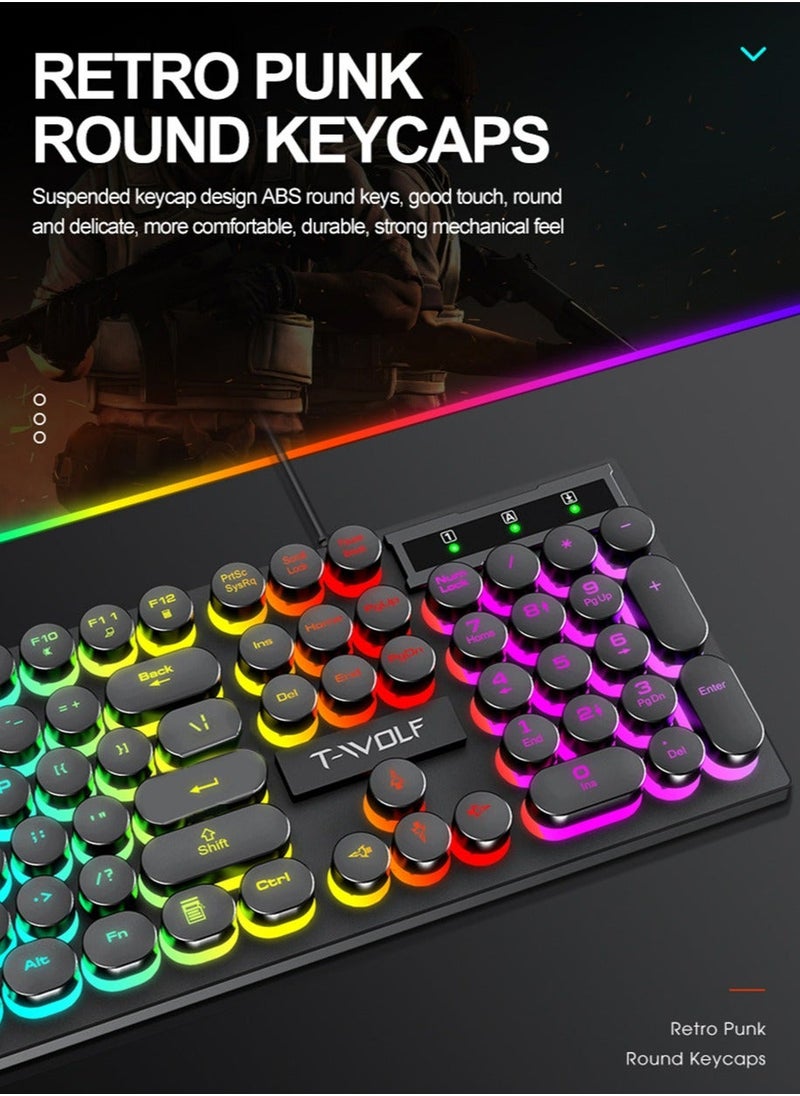 T-WOLF Typewriter Style Mechanical Gaming Keyboard and Mouse Combo RGB Backlit Wired with Switch Retro Round Keycap 104 Keys Keyboard  Cool Light Up Keyboard and Mouse for Gaming,Work,Mac,PC,Windows  - Image 4