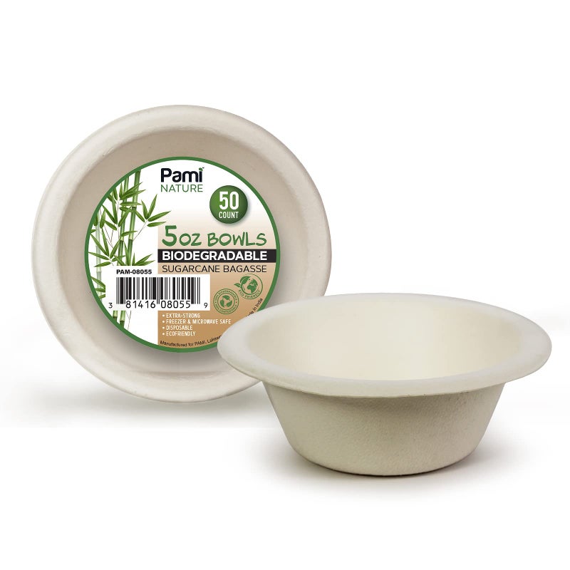 PAMI 100 Biodegradable Sugarcane Bowls Pack of 50 Natural Compostable Soup Bowls PlanetFriendly Bagasse Bowls For Hot  Cold Uses HeavyDuty Disposable Microwavable Paper Serving Bowls 5 oz