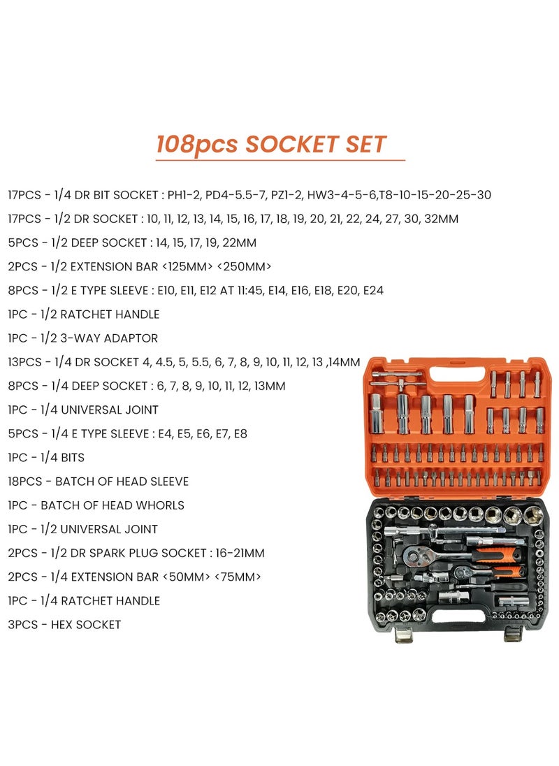 DEFAONS - 108-Piece Professional Socket Set – Chrome Vanadium Steel, Complete Tool Kit with Ratchet Handle, Extension Bars, Hex Sockets, Universal Joints, Portable Case – Ideal for Automotive, Repair, and DIY Projects. - Image 1