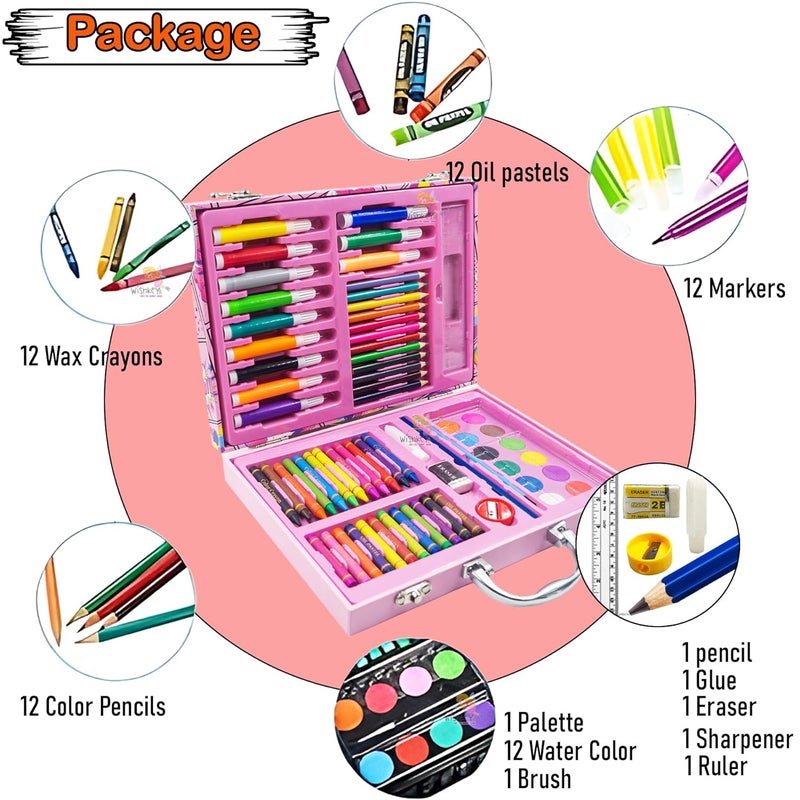 Wish key 67 Pieces Art Set for Kids with Unicorn Theme Case, Art and Craft Supplies Kit for Drawing and Painting with Sketch Pen, Paint Colors, Brush, Color Pencils, Crayons (Pack of 1, Pink) - Image 3
