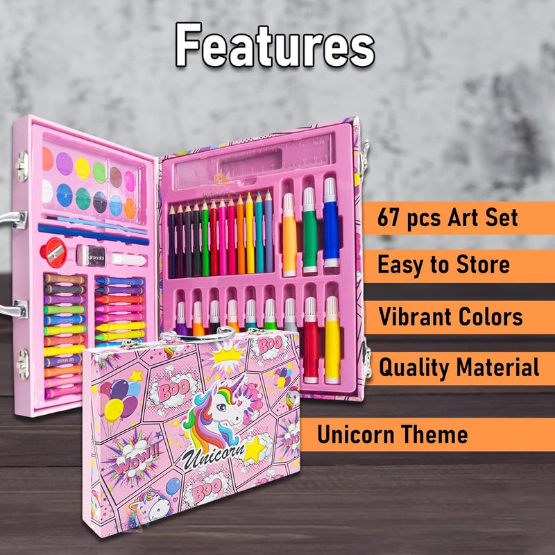 Wish key 67 Pieces Art Set for Kids with Unicorn Theme Case, Art and Craft Supplies Kit for Drawing and Painting with Sketch Pen, Paint Colors, Brush, Color Pencils, Crayons (Pack of 1, Pink) - Image 4