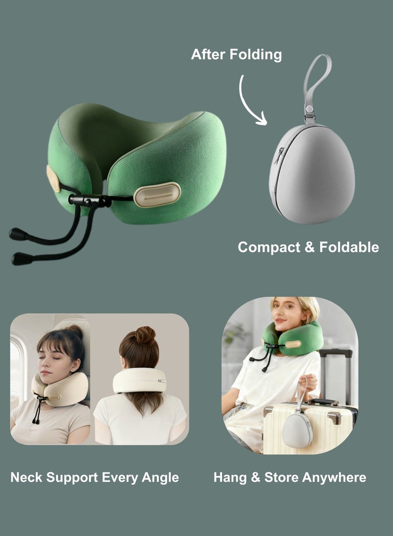 Travel Neck Pillow Memory Foam U Shape with Adjustable Head Support, Soft Green Ergonomic Pillow for Airplane & Car Travel, Portable Bag for Easy Carry, Ideal for Home & Office - Image 1