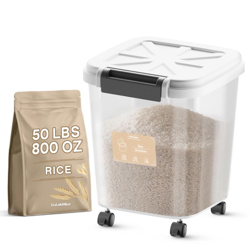 LivLab Mker Rice Dispenser - 50LBS Airtight food storage container with lids,cereal flour storage container with wheels, flour bin rice organizer (25KG) - Image 1