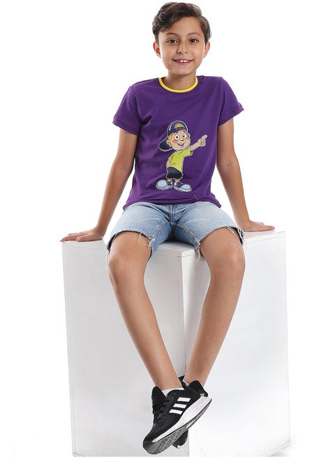 تي شيرت للأولاد بأكمام قصيرة ونمط مطبوع_أرجواني