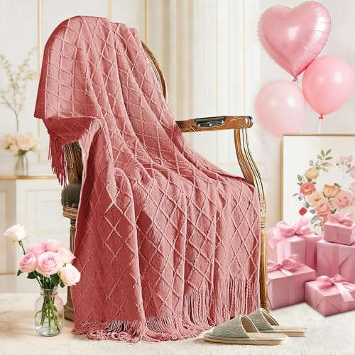 inhand Coral Pink Knitted Throw Blanket for Couch Bed Mothers DayMom Birthday Gifts for Mom from Daughter Son Soft Lightweight with Tassels Farmhouse Warm Decorative Blanket for Women 50x60 - Image 1