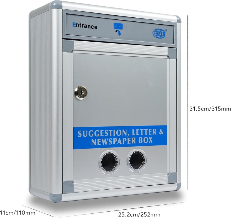 FIS Suggestion, Letter & Newspaper Box - Wall-Mount, Aluminum, Silver Grey, 315x252x110mm - Image 4