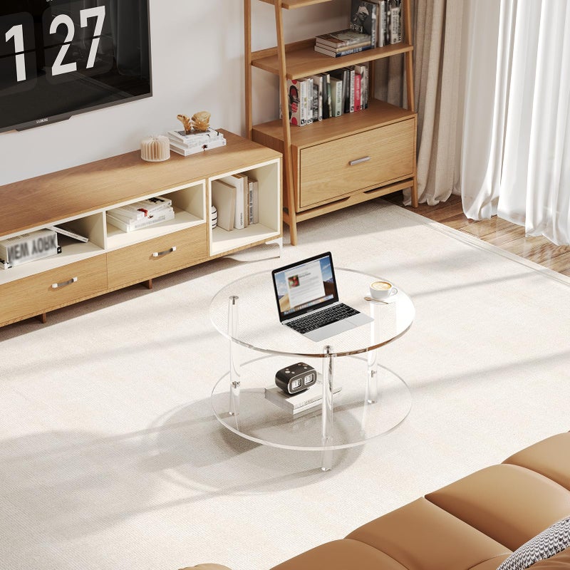 XOHYW Acrylic Round Coffee Table, 23.6" Wide Modern Tea Table with Storage Shelf, 2-Tier Circle Center Table for Living Room, Office Reception and Apartment (Clear) - Image 4