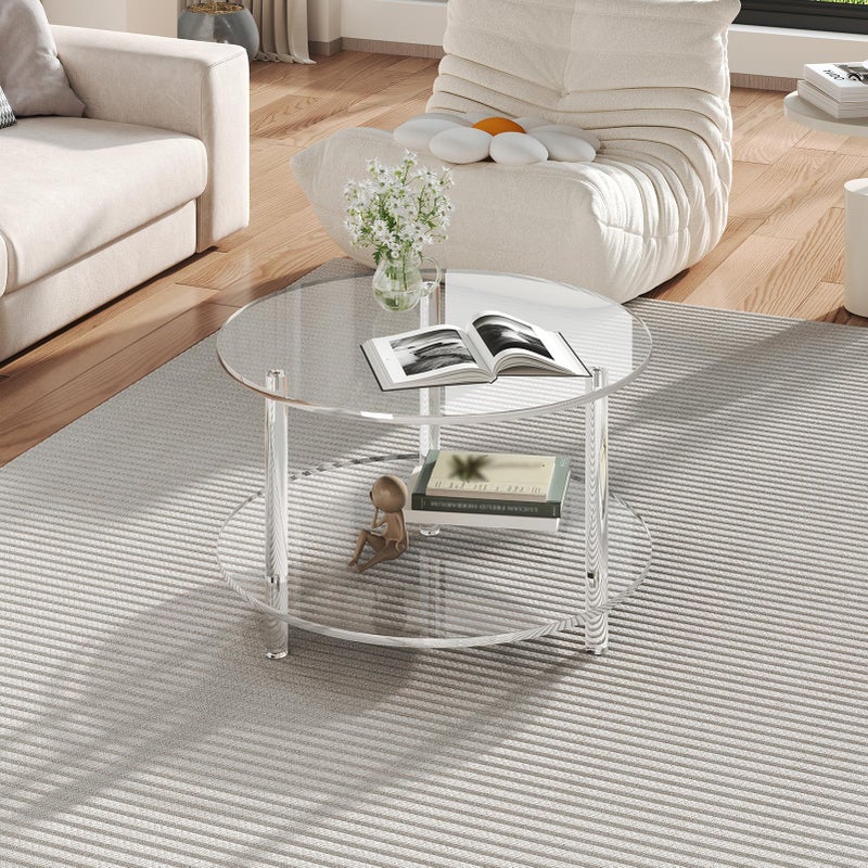 XOHYW Acrylic Round Coffee Table, 23.6" Wide Modern Tea Table with Storage Shelf, 2-Tier Circle Center Table for Living Room, Office Reception and Apartment (Clear) - Image 5