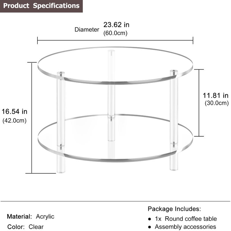 XOHYW Acrylic Round Coffee Table, 23.6" Wide Modern Tea Table with Storage Shelf, 2-Tier Circle Center Table for Living Room, Office Reception and Apartment (Clear) - Image 2