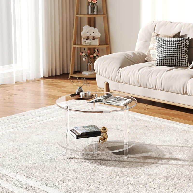XOHYW Acrylic Round Coffee Table, 23.6" Wide Modern Tea Table with Storage Shelf, 2-Tier Circle Center Table for Living Room, Office Reception and Apartment (Clear) - Image 3