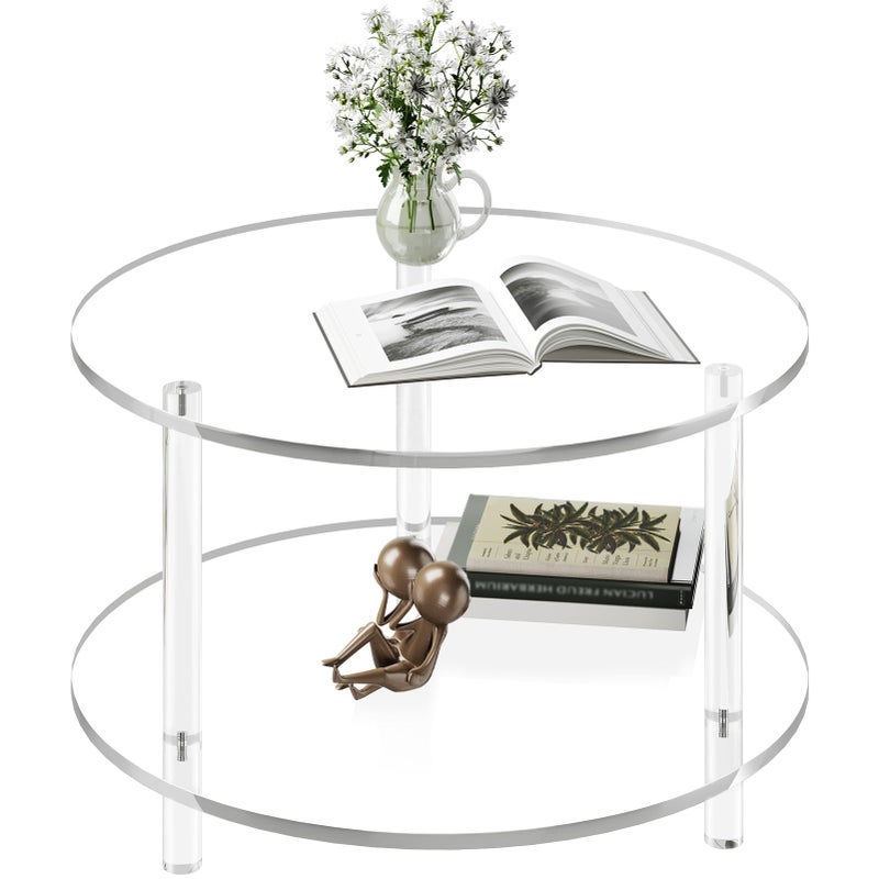 XOHYW Acrylic Round Coffee Table, 23.6" Wide Modern Tea Table with Storage Shelf, 2-Tier Circle Center Table for Living Room, Office Reception and Apartment (Clear) - Image 1