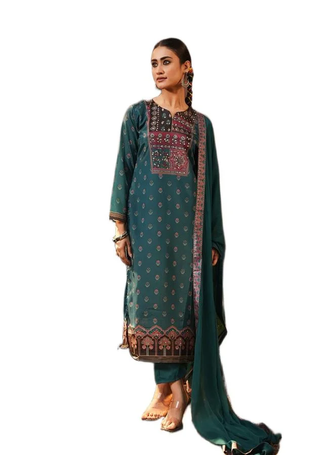 ISHIN Women's Blue Chinon Printed Tunic Upper Calf Length Palazzo Bottom Straight Fit 3 Peice Kurta Set