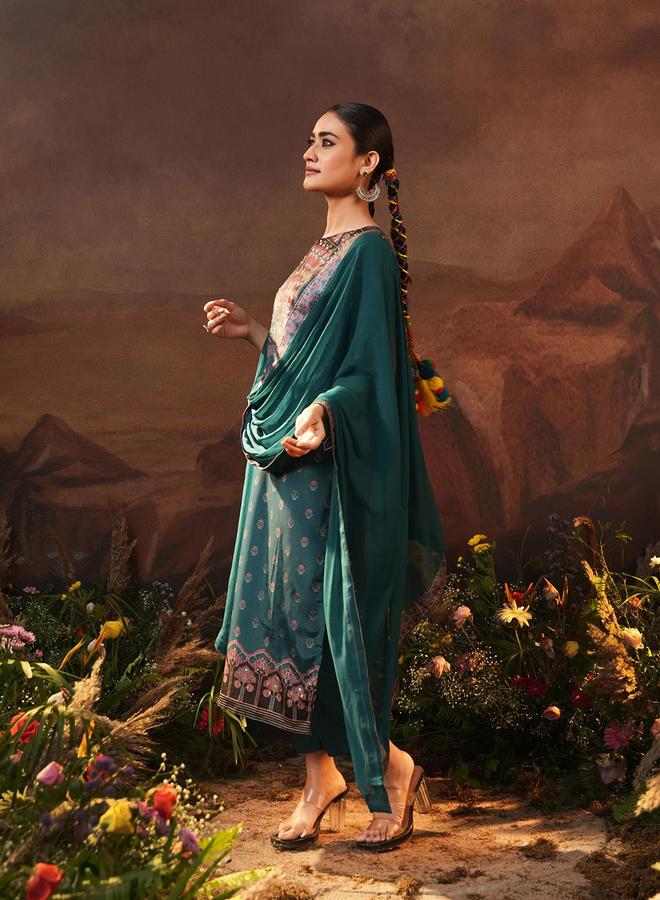 ISHIN Women's Blue Chinon Printed Tunic Upper Calf Length Palazzo Bottom Straight Fit 3 Peice Kurta Set - Image 1