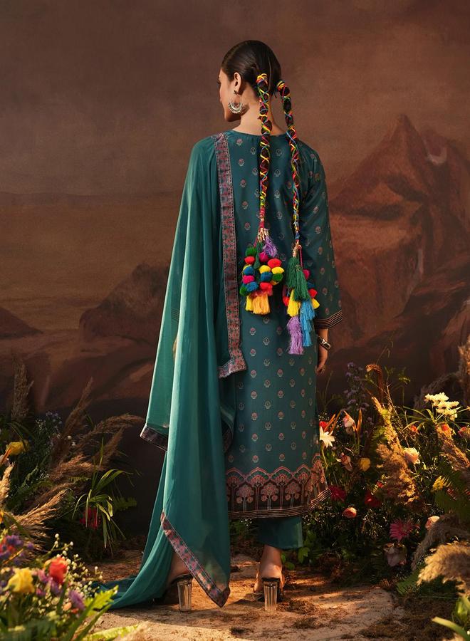 ISHIN Women's Blue Chinon Printed Tunic Upper Calf Length Palazzo Bottom Straight Fit 3 Peice Kurta Set - Image 2