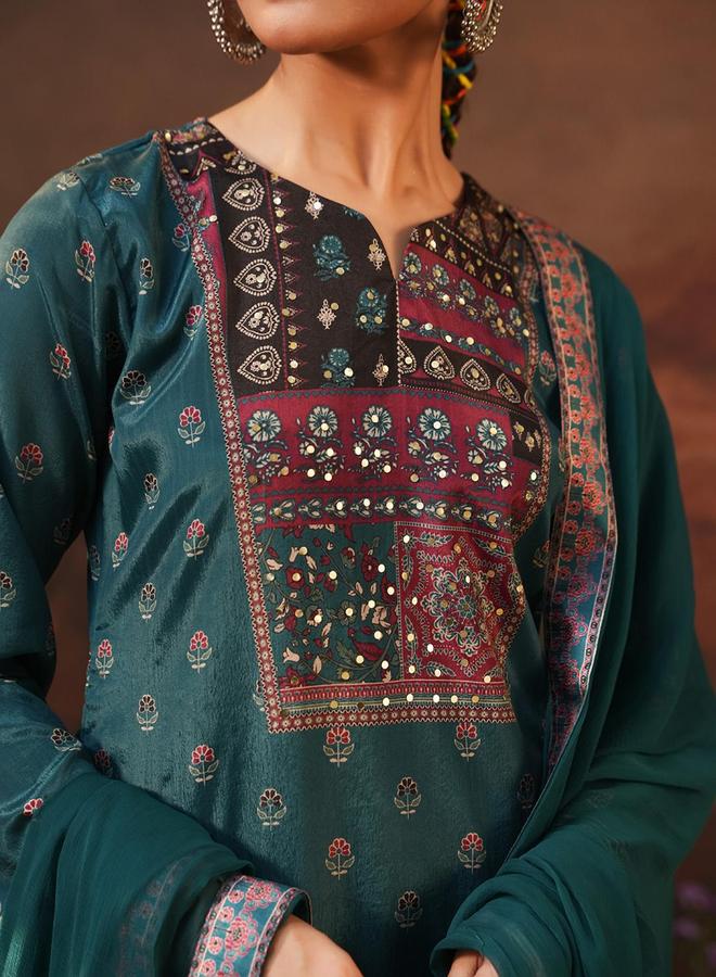 ISHIN Women's Blue Chinon Printed Tunic Upper Calf Length Palazzo Bottom Straight Fit 3 Peice Kurta Set - Image 5