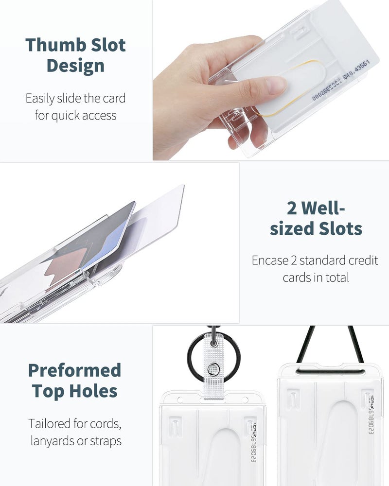 Uniclife 2 Pack 2-Card Thumb-Slot Badge Holder Vertical Clear Plastic Case with Retractable Keychain Badge Reel for up to 8 oz Hard Card Protector for IDs Credit Cards Driverâ€™s Licenses and Passes - Image 5