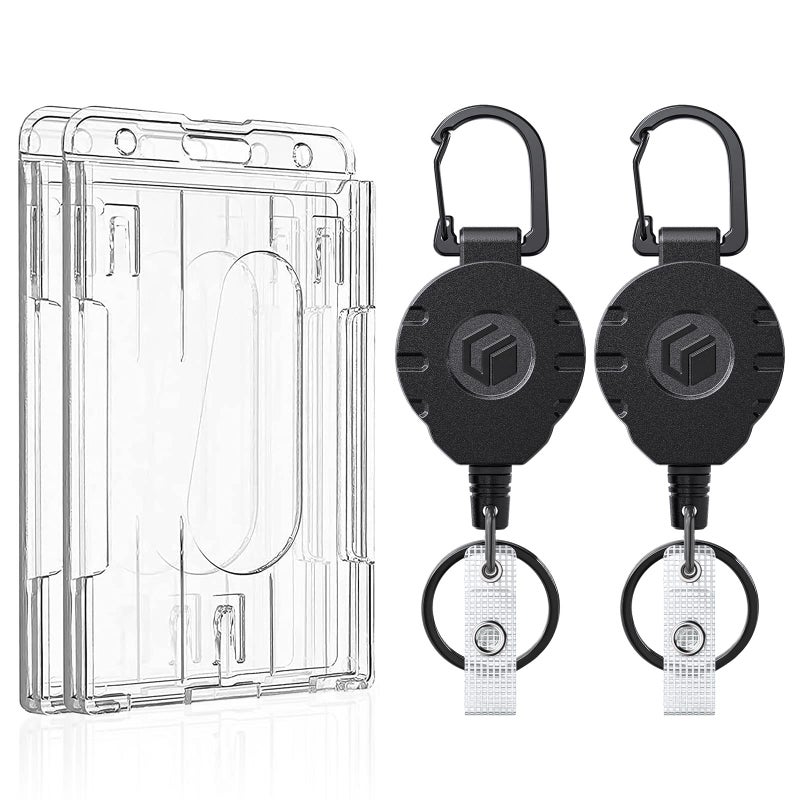 Uniclife 2 Pack 2-Card Thumb-Slot Badge Holder Vertical Clear Plastic Case with Retractable Keychain Badge Reel for up to 8 oz Hard Card Protector for IDs Credit Cards Driverâ€™s Licenses and Passes - Image 1