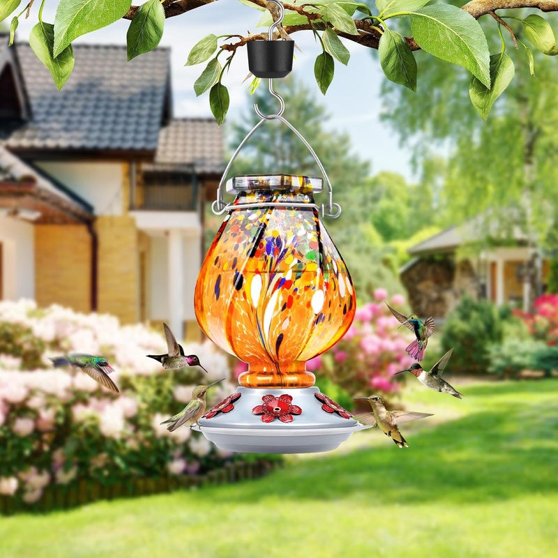 BOLITE Hummingbird Feeder, 18058O Hand Blown Glass Hummingbird Feeders for Outdoors Hanging, 22 Ounce, 5 Feeding Ports with Perch, Orange - Image 2