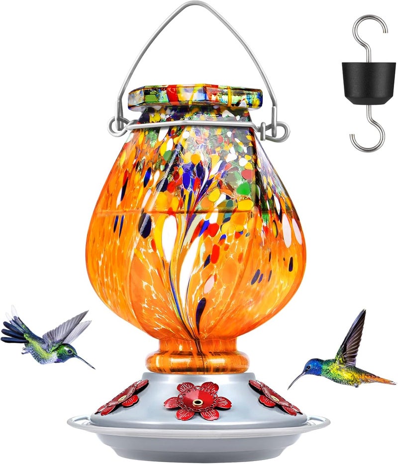 BOLITE Hummingbird Feeder, 18058O Hand Blown Glass Hummingbird Feeders for Outdoors Hanging, 22 Ounce, 5 Feeding Ports with Perch, Orange - Image 1