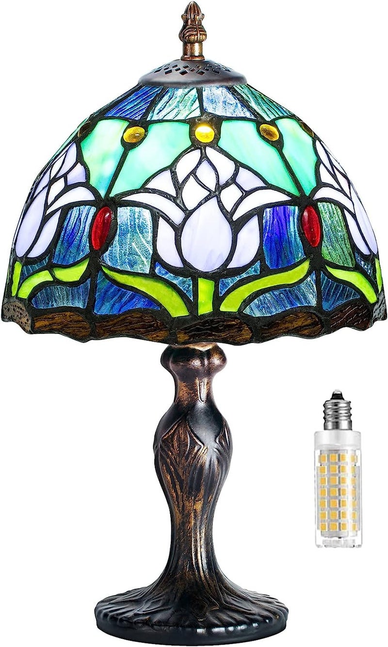MIAOKE Tiffany Style Table Lamp, Vintage Table Lamp, Handcraft Stained Glass Lampshade, Blue Tulip - Image 1