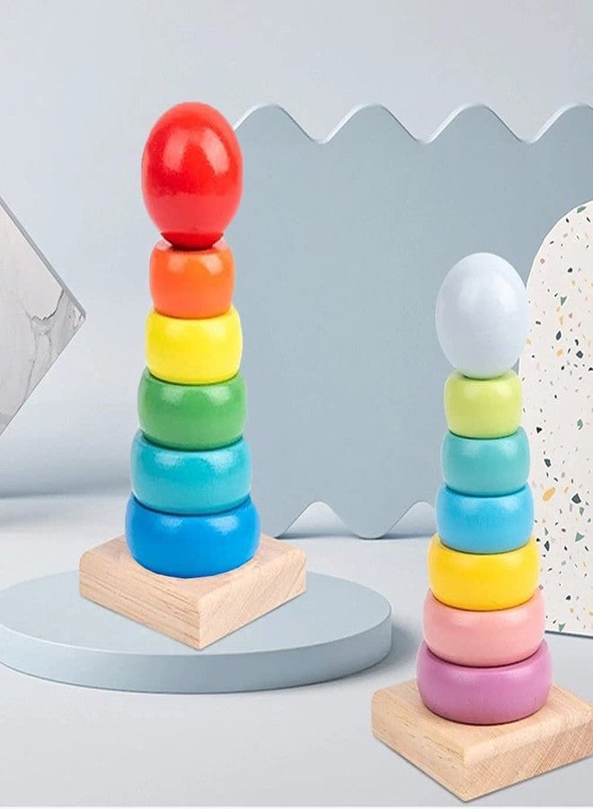Smoneo Wooden Rainbow Stacking Ring Tower for 3 Year & Above Kids; Sorting, Plugging, Shape & Color Recognition Educational Building Montessori Toy for Toddlers - Image 4