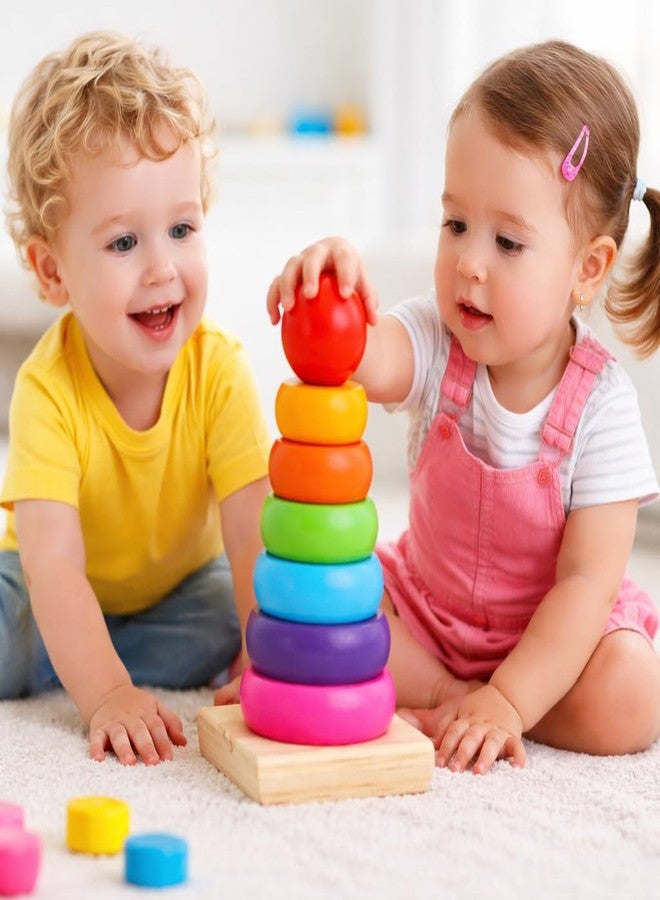 Smoneo Wooden Rainbow Stacking Ring Tower for 3 Year & Above Kids; Sorting, Plugging, Shape & Color Recognition Educational Building Montessori Toy for Toddlers - Image 2