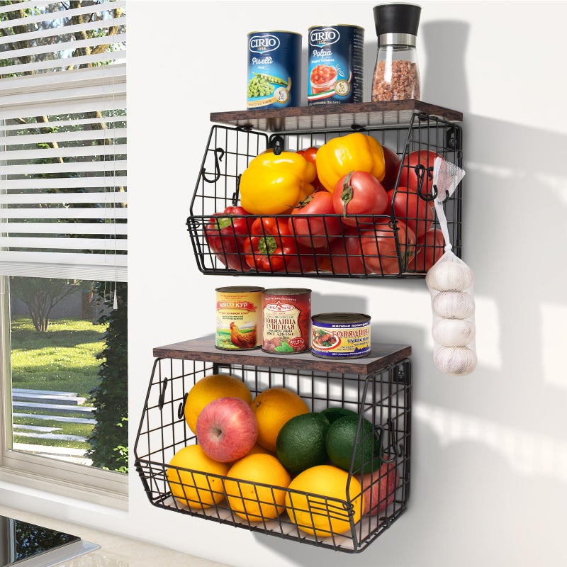 Mefirt Fruit Bowl Stackable Wall Mounted Fruit Basket of Smooth Wood Lid with 4 Banana Hanger Hooks Metal Kitchen Counter Organizer for Snack Fruit and Vegetable Storage 118  79  85 Inches