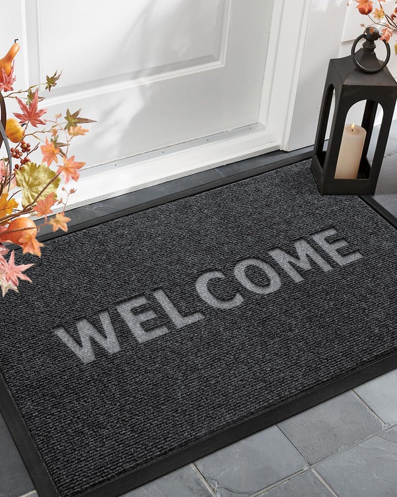 DEXI Front Door Mat Outdoor, 45 x 75 cm Non Slip Heavy Duty Doormat, Stain and Fade Resistant Welcome Mat, Low Profile Easy Clean Floor Mats for Patio, Entryway, Entrance, Grey - Image 1