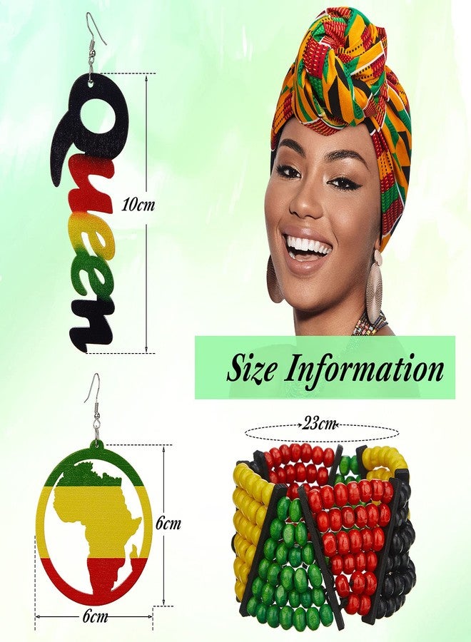 Mtlee 4 Pcs Jamaica African Jewelry Sets for Women Reggae Jamaican Accessories Turban Headband Wood Afro Red Green Black African Map Dangle Queen Earrings Rasta Beaded Bracelet - Image 2