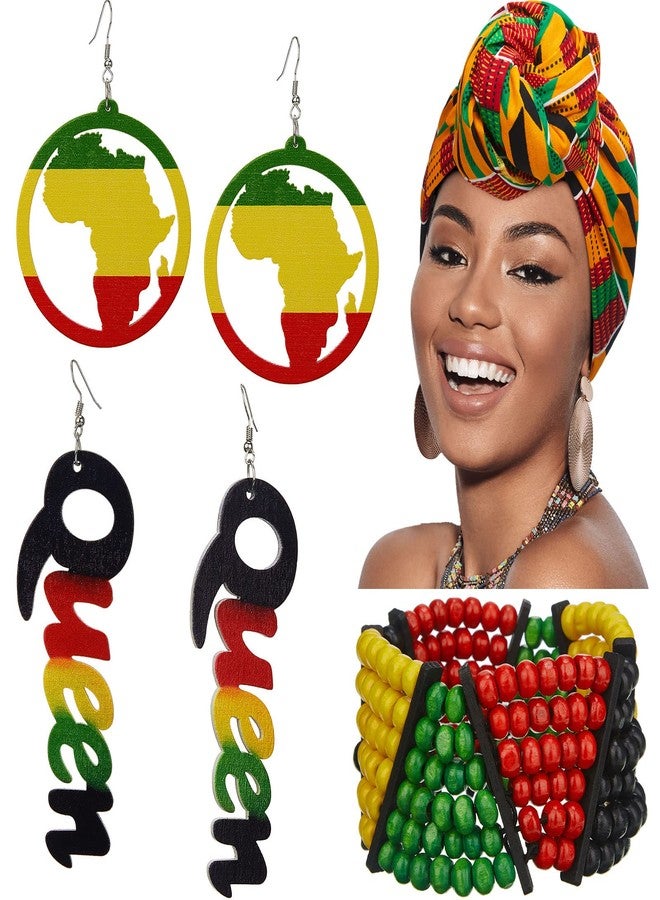 Mtlee 4 Pcs Jamaica African Jewelry Sets for Women Reggae Jamaican Accessories Turban Headband Wood Afro Red Green Black African Map Dangle Queen Earrings Rasta Beaded Bracelet - Image 1
