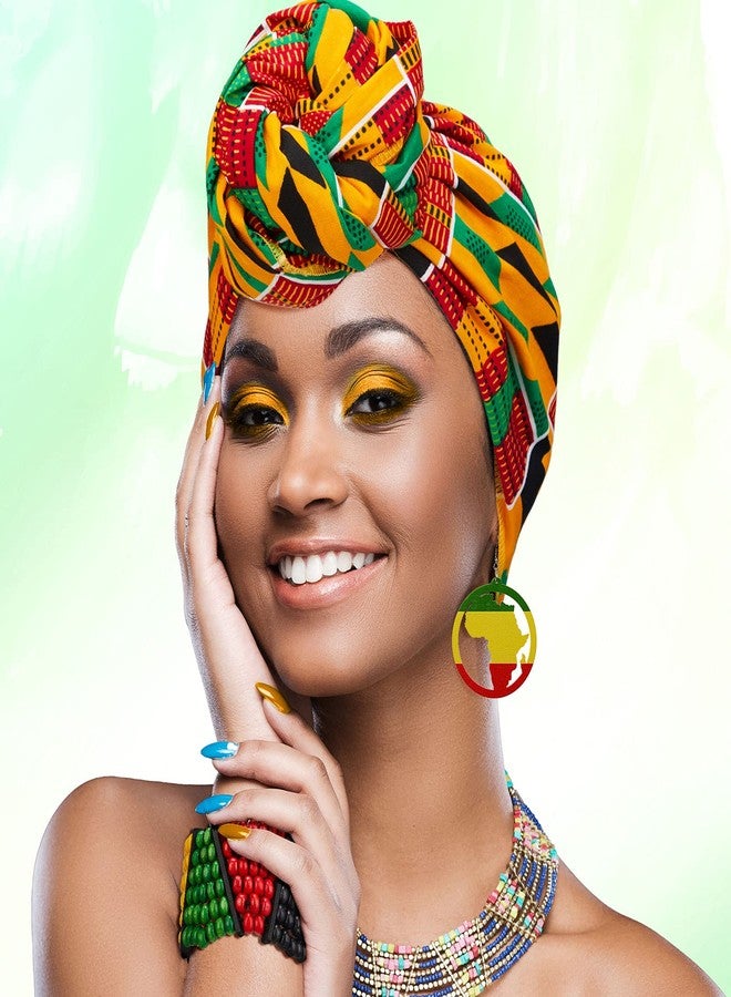 Mtlee 4 Pcs Jamaica African Jewelry Sets for Women Reggae Jamaican Accessories Turban Headband Wood Afro Red Green Black African Map Dangle Queen Earrings Rasta Beaded Bracelet - Image 5