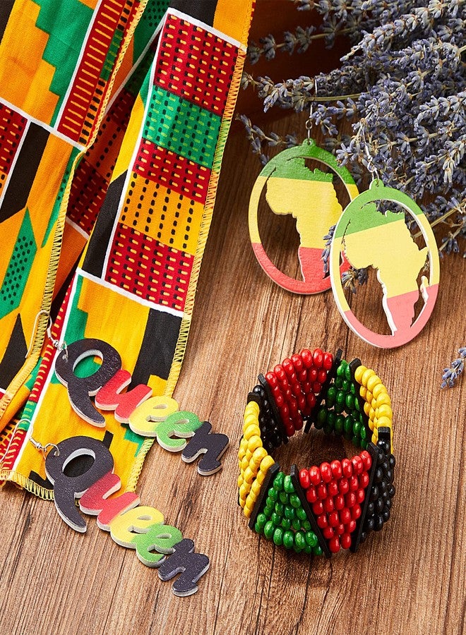 Mtlee 4 Pcs Jamaica African Jewelry Sets for Women Reggae Jamaican Accessories Turban Headband Wood Afro Red Green Black African Map Dangle Queen Earrings Rasta Beaded Bracelet - Image 3