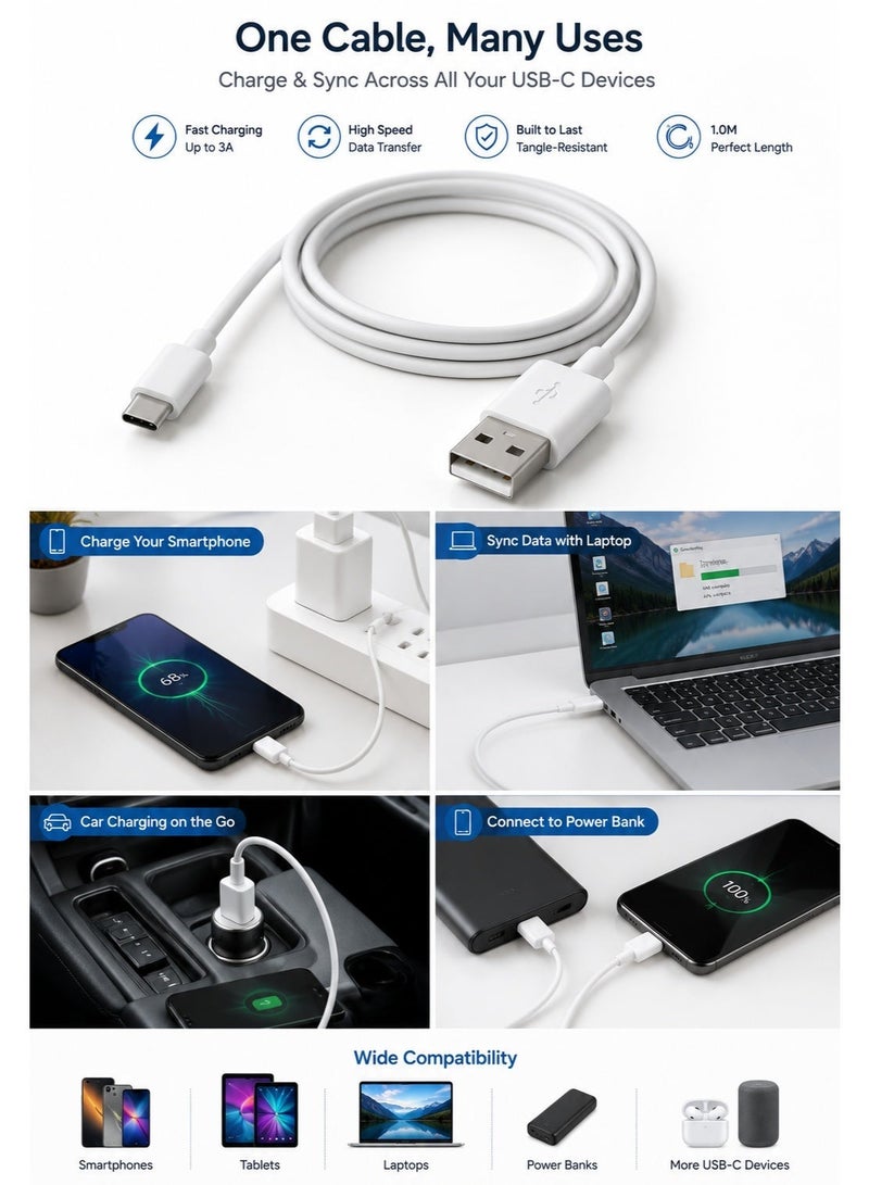 كيبل USB-A إلى USB Type-C للشحن ونقل البيانات – 1 متر – أبيض – شحن سريع ومزامنة عالية السرعة - Image 2