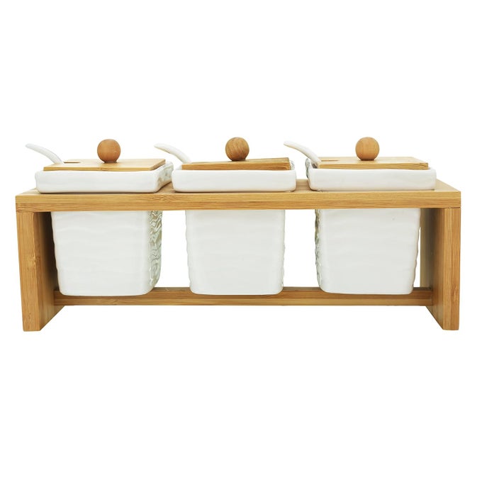 CERAMIC PICKLE CONTAINERS BASIC RIPPLE STYLE KITCHEN ACCESSORIES PICKLE JARS SQUARE SHAPED WHITE WITH BROWN LID STAND_SET OF 3 PCS