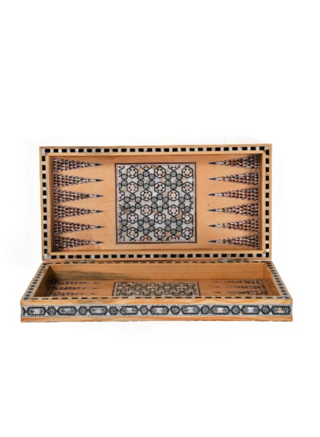 Handmade Backgammon & Chess Wooden Folding Board Inlaid with Natural Shell & Mother of Pearl, Light Wood Multicolor - Size 40x40 cm - Image 3